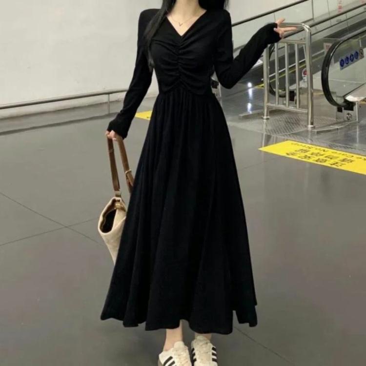 French Style Fashion Dresses Sping New Women Solid V-Neck Pleated Temperament Long Sleeve Slim Mid-length A-line Corset Dress