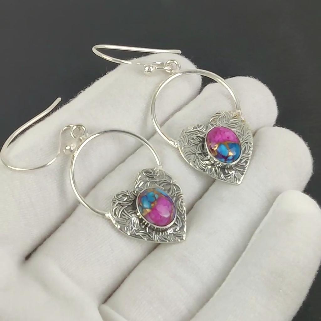 Серьги-сердечки из натурального розового камня Kingman Spiny Oyster, серьги из стерлингового серебра 925 пробы, серьги-подвески из серебра ручной работы в стиле бохо, подарок на Пасху