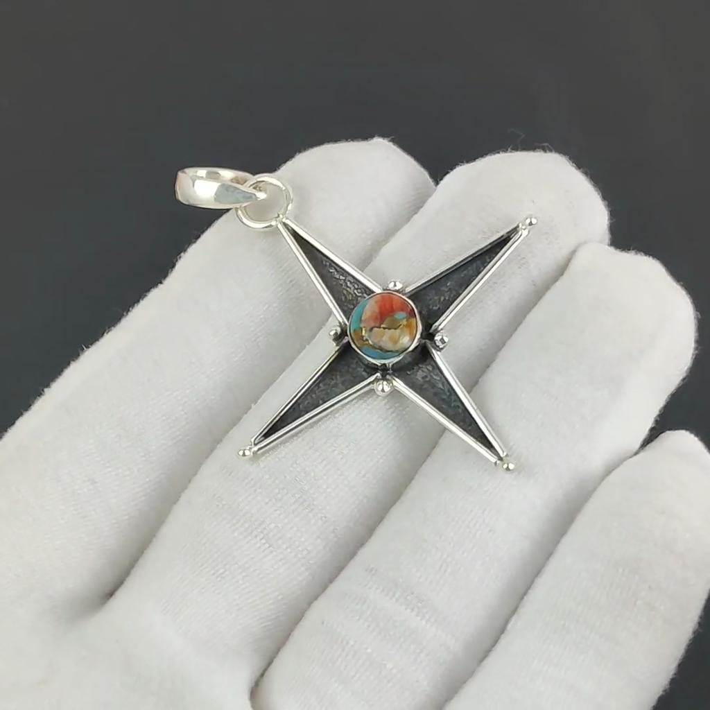 Серебряный кулон с драгоценным камнем Orange Spiny Oyster из серебра 925 пробы — дизайн в виде звезды ручной работы, повседневные украшения, кулон с уникальным дизайном