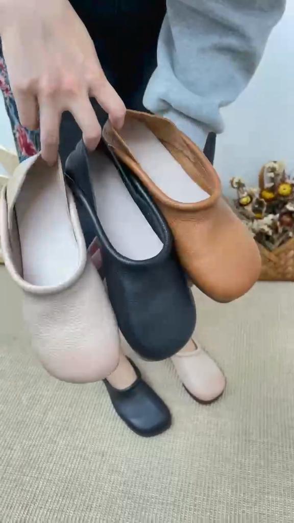 Johnature Vintage Handmade Genuine Leather Flats Shoes Comfortable Soft Sole Solid Color Slip-on Shoes