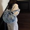 Bow Round Shape Denim Shoulder Bag For Women With Zipper Closure Daily Use Accessory