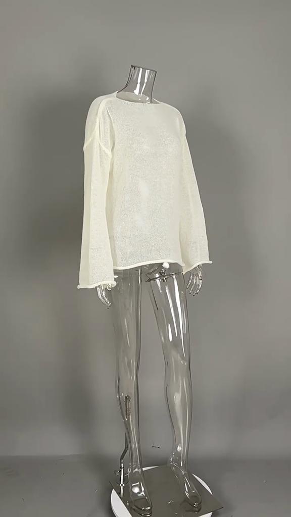 Fashion Hollow Loose Knitted Pullovers T-shirt Women Tops Spring Round Neck Flare Sleeve Women T Shirts Casual Autumn Thin Perspective Sexy Tee 25946