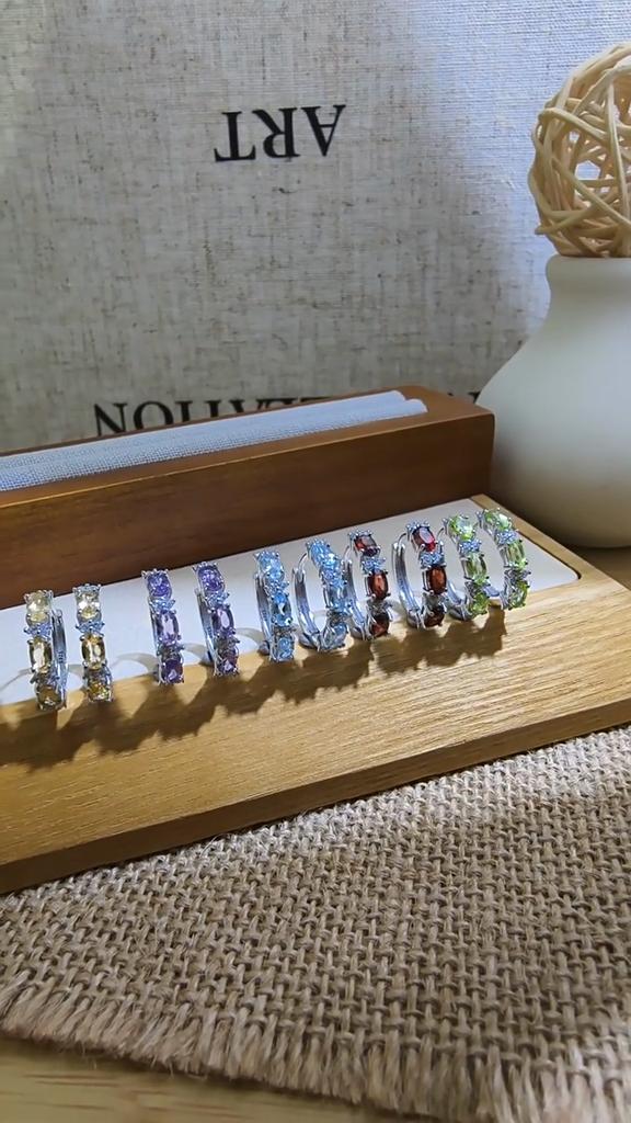 Light luxury row inlaid colored treasure ear buckle S925 sterling silver natural crystal peridot earrings high-end commuter earrings jewelry gift