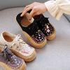 Women's Spring Summer Casual Lace-up Front Buckle Round Toe Shoes Embroidered Flat Low-top Cotton Linen Flats