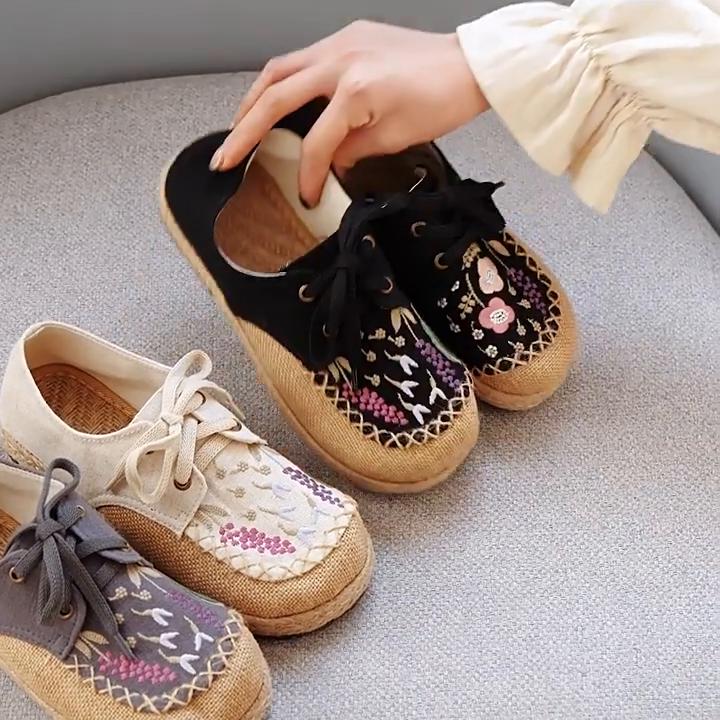 Women's Spring Summer Casual Lace-up Front Buckle Round Toe Shoes Embroidered Flat Low-top Cotton Linen Flats