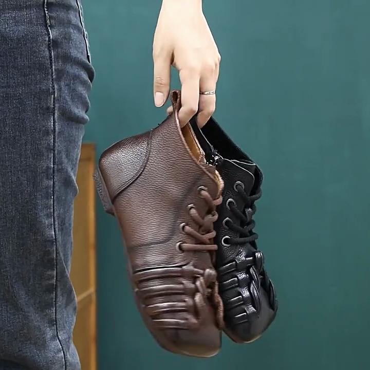 Johnature Retro Short Boots Comfortable Genuine Leather Casual Versatile Woven Women's Shoes