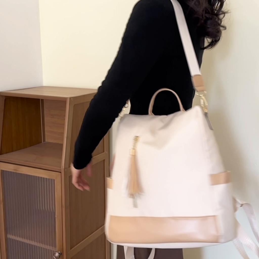 Contrast Color Backpack Women's Tassel Backpack Lightweight Large Capacity Handbag Shoulder Bag