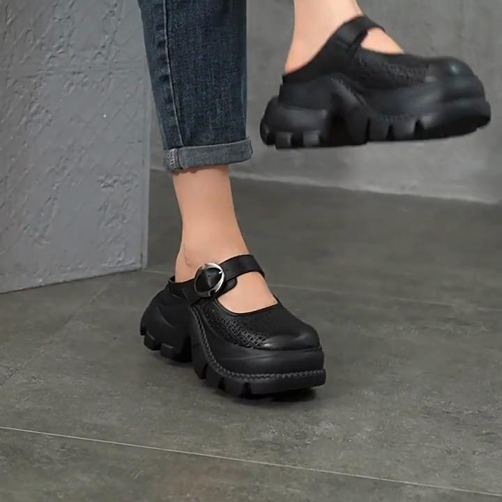 Johnature Легкие тапочки из натуральной кожи с толстой подошвой и круглым носком, дышащие женские туфли с отверстиями