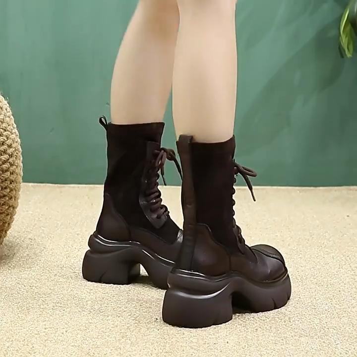 Johnature Genuine Leather Splicing Stretch Fabric Thick Soled Mid-calf Boots Versatile Women's Platform Boots