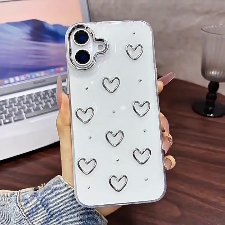 Блестящий 3D Серебряный Чехол-Сердечко для Телефона iPhone 17 16 15 14 13 12 11 Pro Max 7 8 Plus X XS Эпоксидный Корпус Девочка Прозрачная Крышка