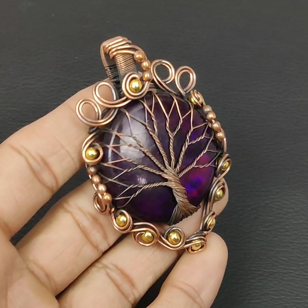 Tree Of Life Purple Flash Labradorite Gemstone Handmade Copper Wire Wrap Jewelry Pendant For Women