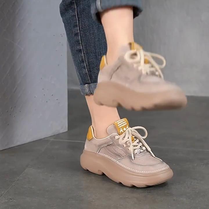 Johnature Genuine Leather Women's Shoes Thick Sole Mixed Colors Lightweight Lace-up Casual Shoes