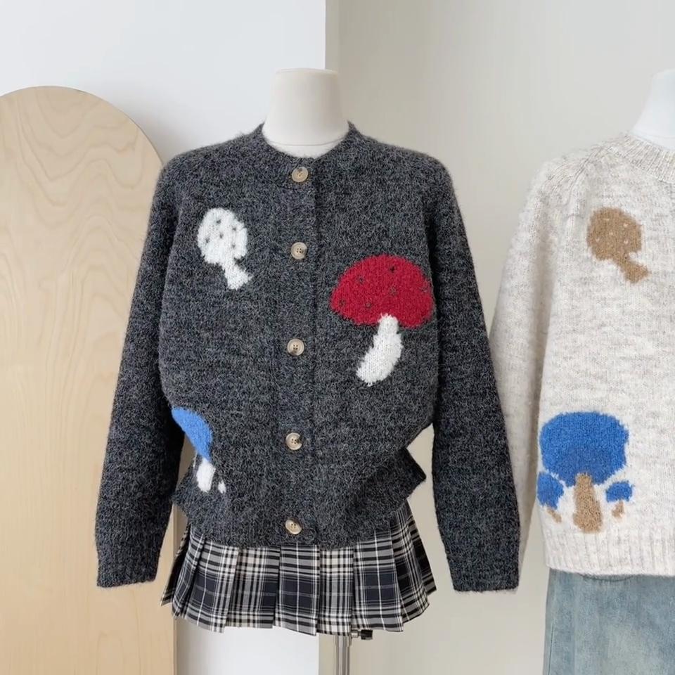 Autumn Winter Women Basic Sweater Cardigan Grey Beige Mushroom Cute Knitted Coat Knitting Elegant Warm Ladies' Outerwear
