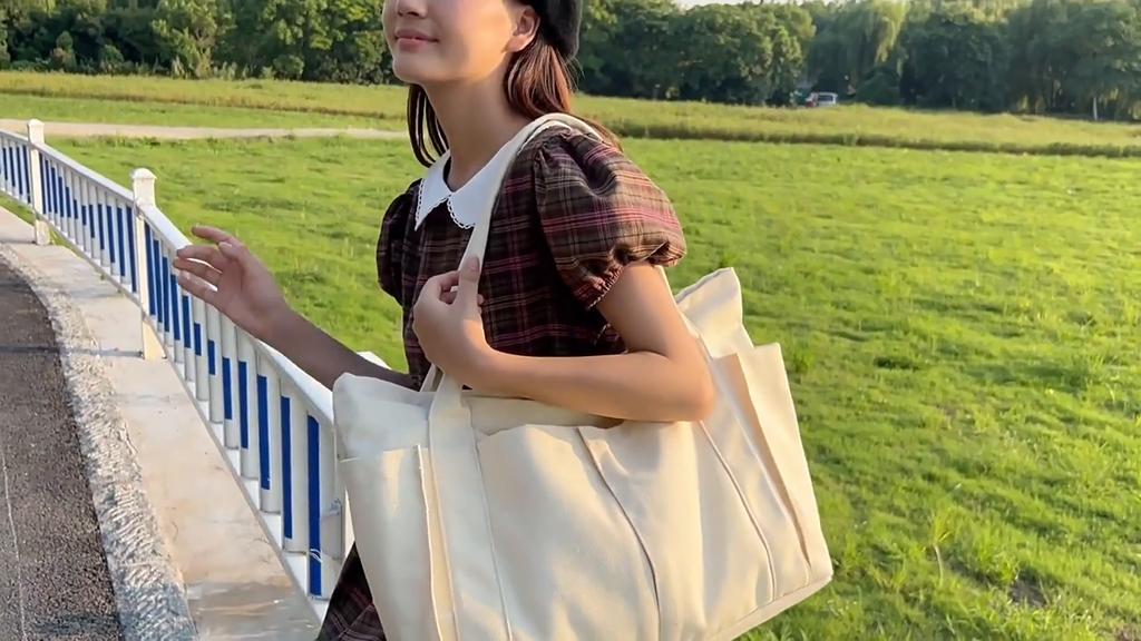 Canvas Bag Women's Large Capacity Shoulder Tote Bag Solid Color Hobo Bag