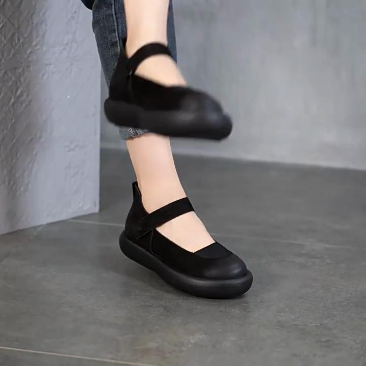 Johnature Shallow Genuine Leather Round Toe Thick Sole Flat Shoes Mary Jane Women's Shoes