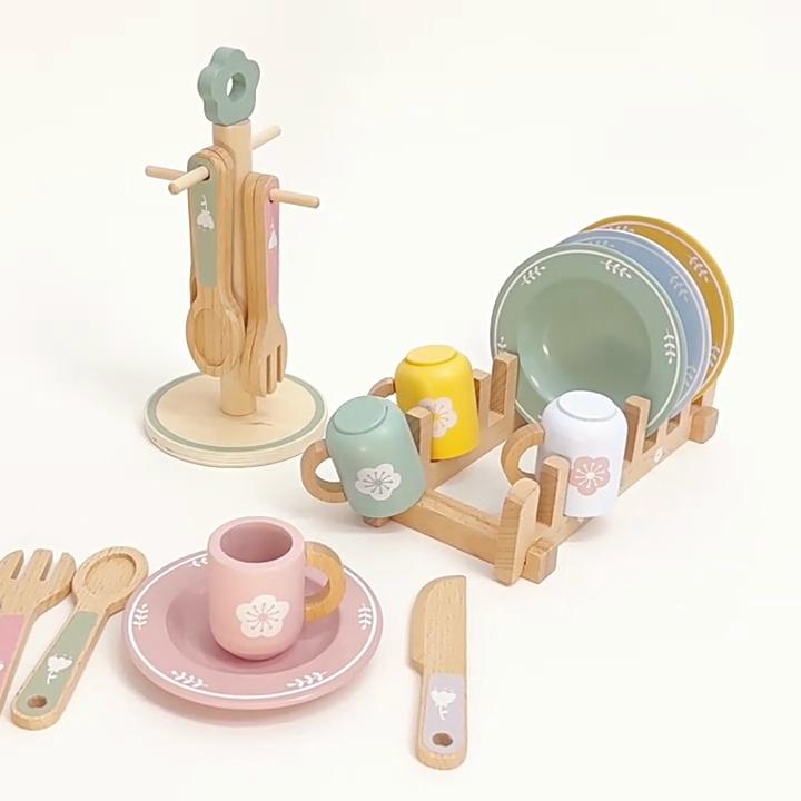 Pretend Play Kitchen Utensil Set With Wooden Dinnerware For Children Developmental Toys