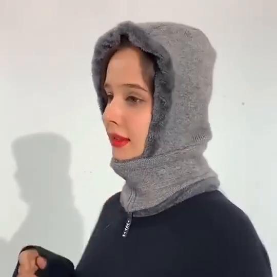 Women's Knitted Hat Autumn and Winter Ear Protection with Wool Thickened One-piece Windproof Bib Headpiece