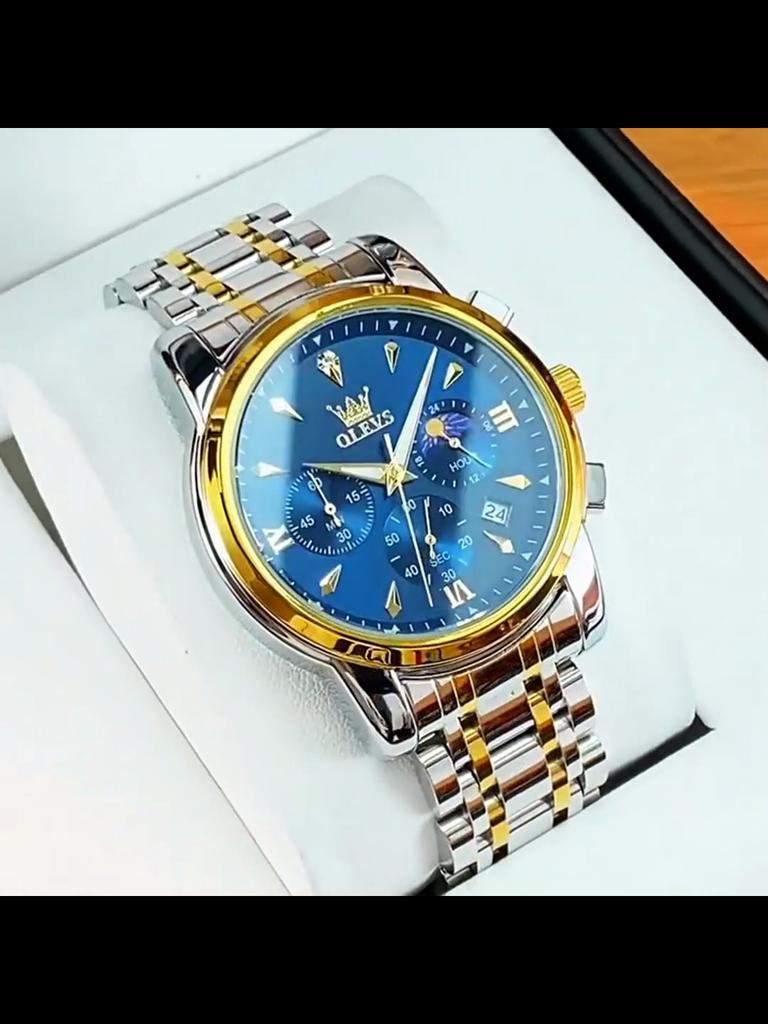 Роскошные кварцевые часы-хронограф для мужчин, модные многофункциональные, с фазой Луны, водонепроницаемые, с люминесцентной подсветкой, с датой, деловые мужские часы