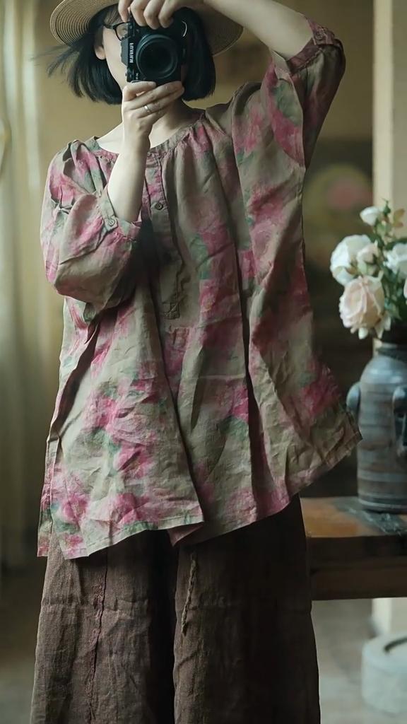 Johnature Summer Women Linen O-Neck Vintage Style Balloon Sleeves Shirt Half Sleeve Flower Print Loose Shirt