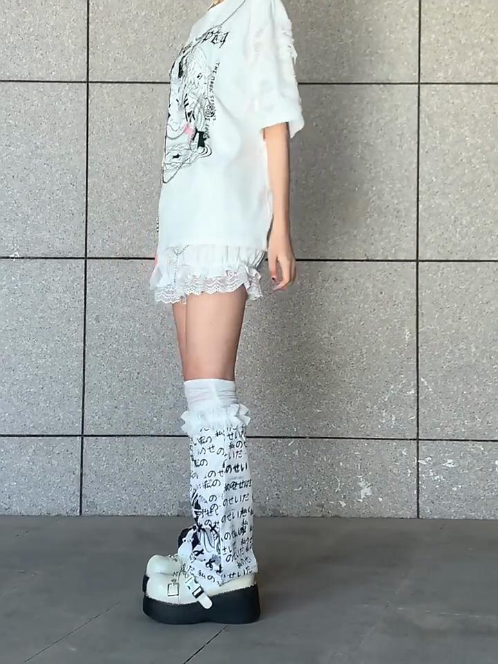 Fashion Punk Ruffle Trim Flared Leg Sleeves for Women Harajuku Japanese Anime Letter Print Leg Warmer Knee Length Socks