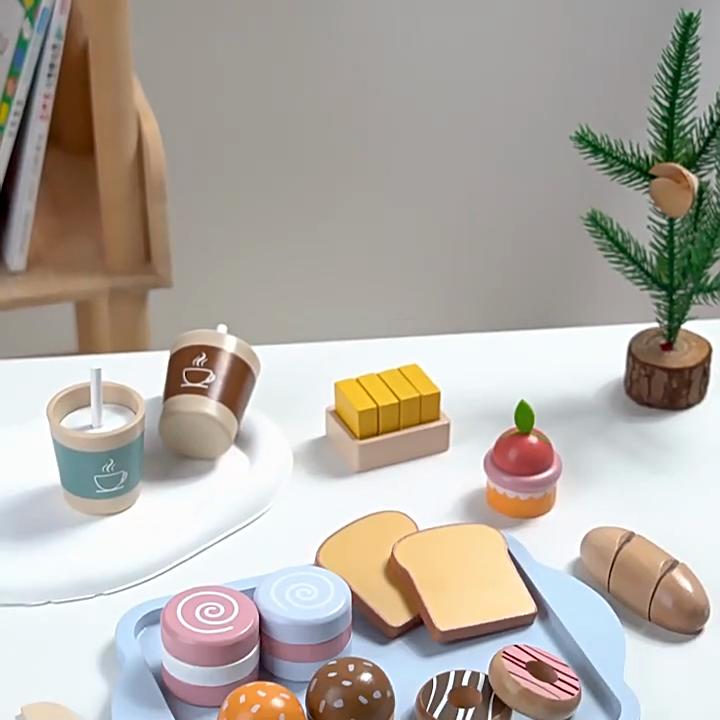 Wooden Kids Play Kitchen With Breakfast Food And Milk For Role Play And Cognitive Skills