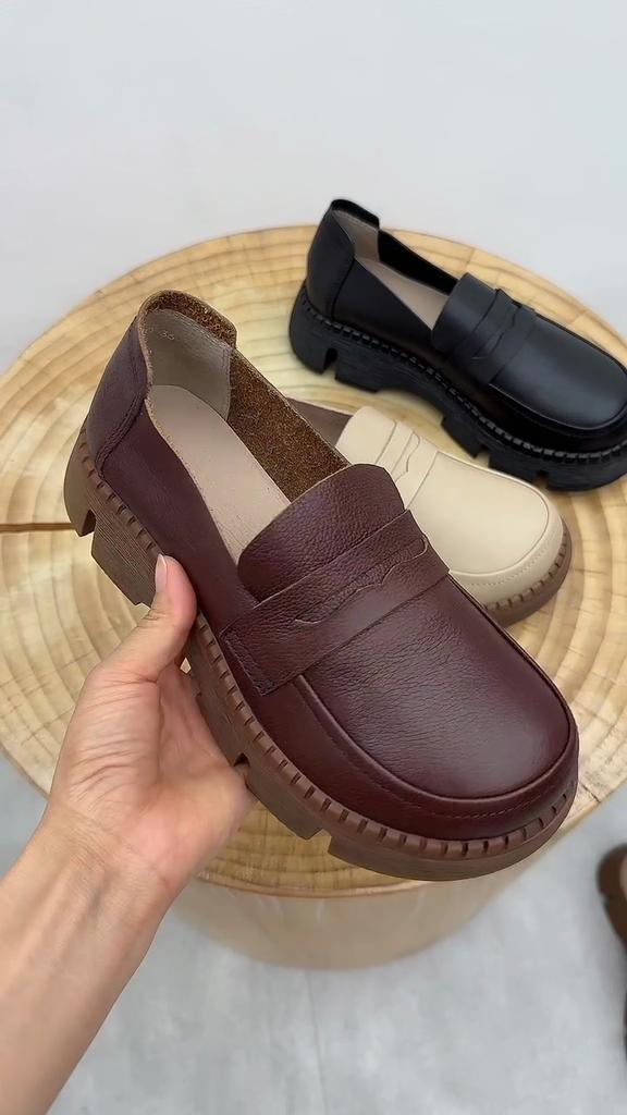 Johnature Retro Loafers Handmade Genuine Leather Platform Shoes Round Toe Casual Versatile Soft Cowhide Women's Shoes