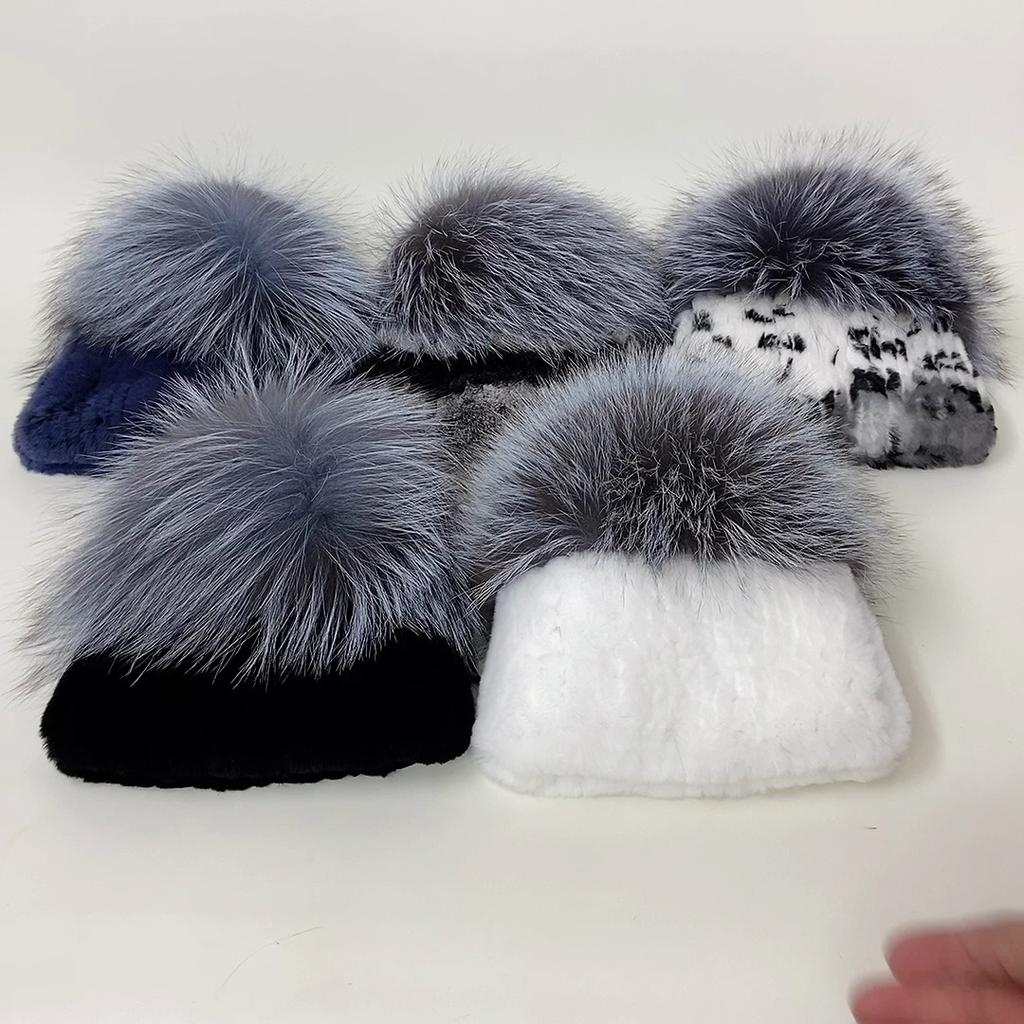 New Women Winter Luxury Real Rex Rabbit Fur Hat Knitted Rex Rabbit Fur Hat Top Natural Fox Fur Cap Genuine Fox Fur Beanies Hat