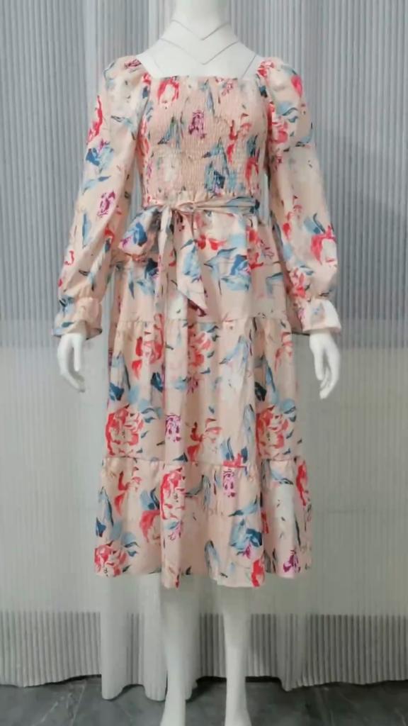 Summer Square Collar Floral Print Dress Women Elegant Fashion Long Sleeve Vintage Dress Plus Size High Waist A-line Party Loose Casual Dresses 1330