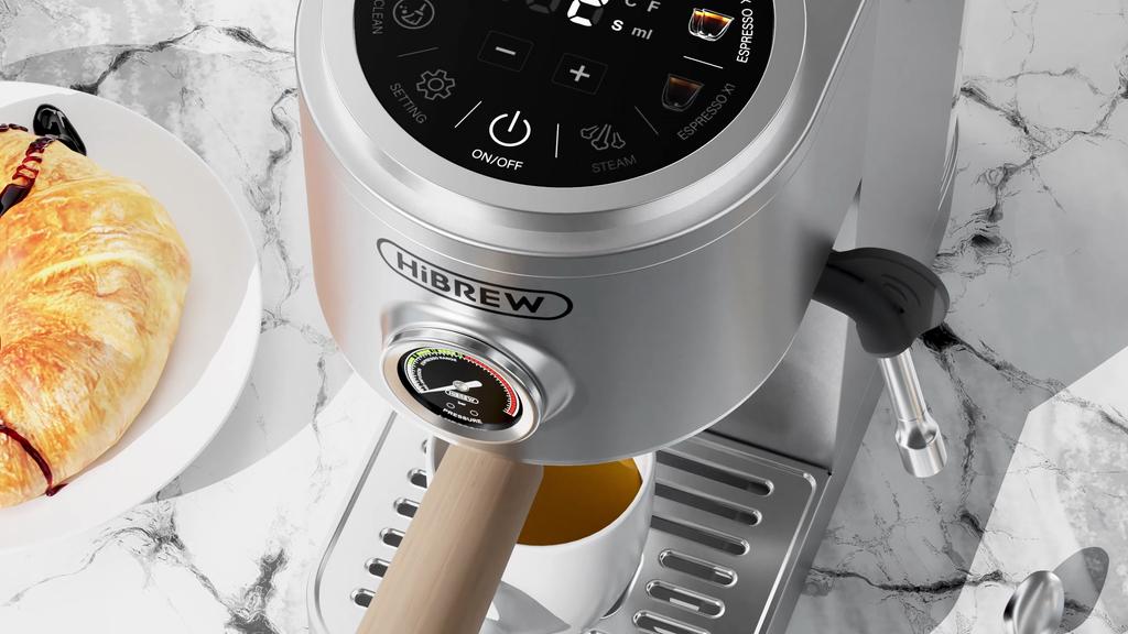 HIBREW H13 20-Bar Semi-Automatic Espresso Machine featuring dual temperature control,dual boilers,large touchscreen,solid wood steam wand.