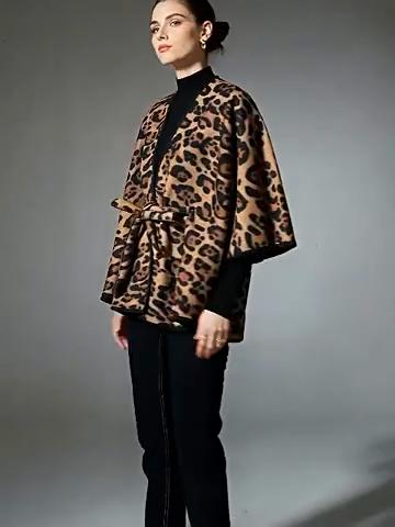 Women Leopard Print Cape Shawl With Belt, Casual Warm Wrap Poncho Coat For Autumn Winter