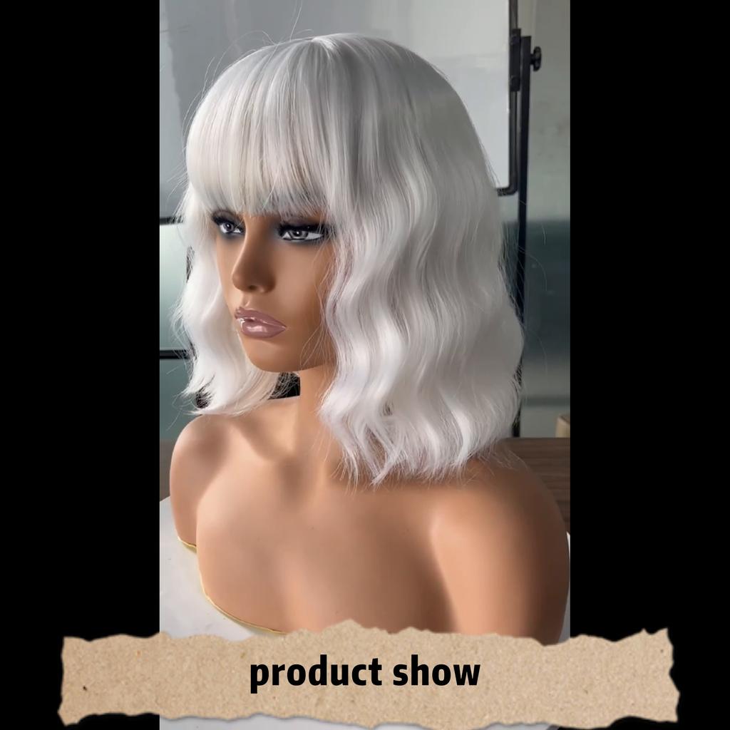 MISS WIG Женская мода Короткий волнистый парик с челкой Синтетическое волокно Чистый белый волнистый парик Косплей Одежда для вечеринок на Хэллоуин