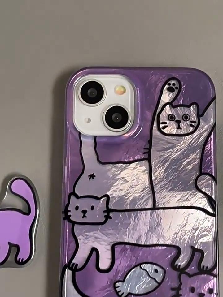 Перфорированный чехол-ракушка Vortex IND Фиолетовая Рыбка Кошка для iPhone 17 16 15 14 13 12 11 Pro Max X 7 8 Plus Ударопрочный прозрачный чехол