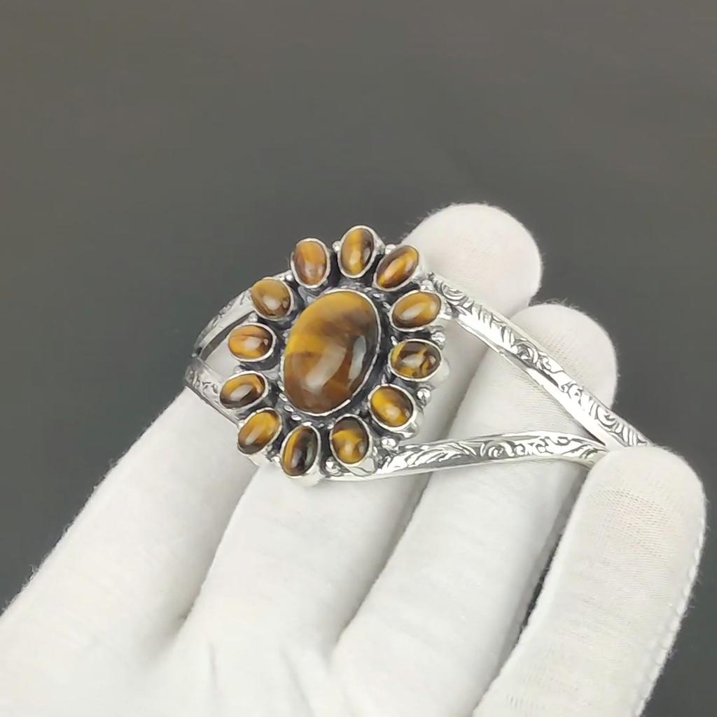 Натуральный камень Тигровый глаз Ручной работы Манжета-браслет из серебра 925 пробы, Браслет в форме цветка Тигровый глаз для жены, Унисекс браслет для подарка