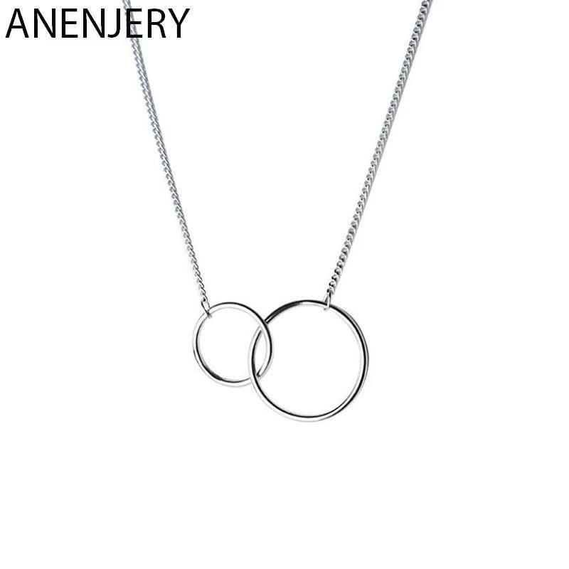 ANENJERY Double Circle Interlock Clavicle Short Necklace Silver Color Necklace For Women Collares Erkek Kolye S-N191