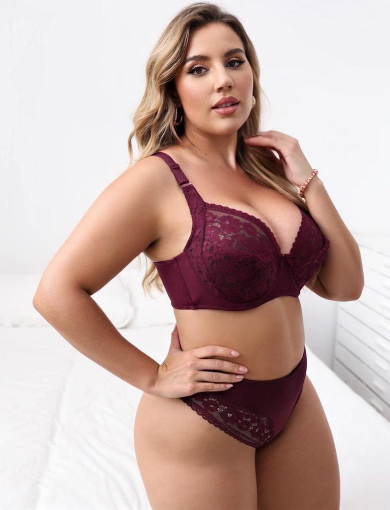 Big Size Women Bra Set Solid Color Floral Lace Full Cup Minimizer Bra Set Plus Size 38-48 D Cup Underwear Set Sexy Lingerie Women Thong Set