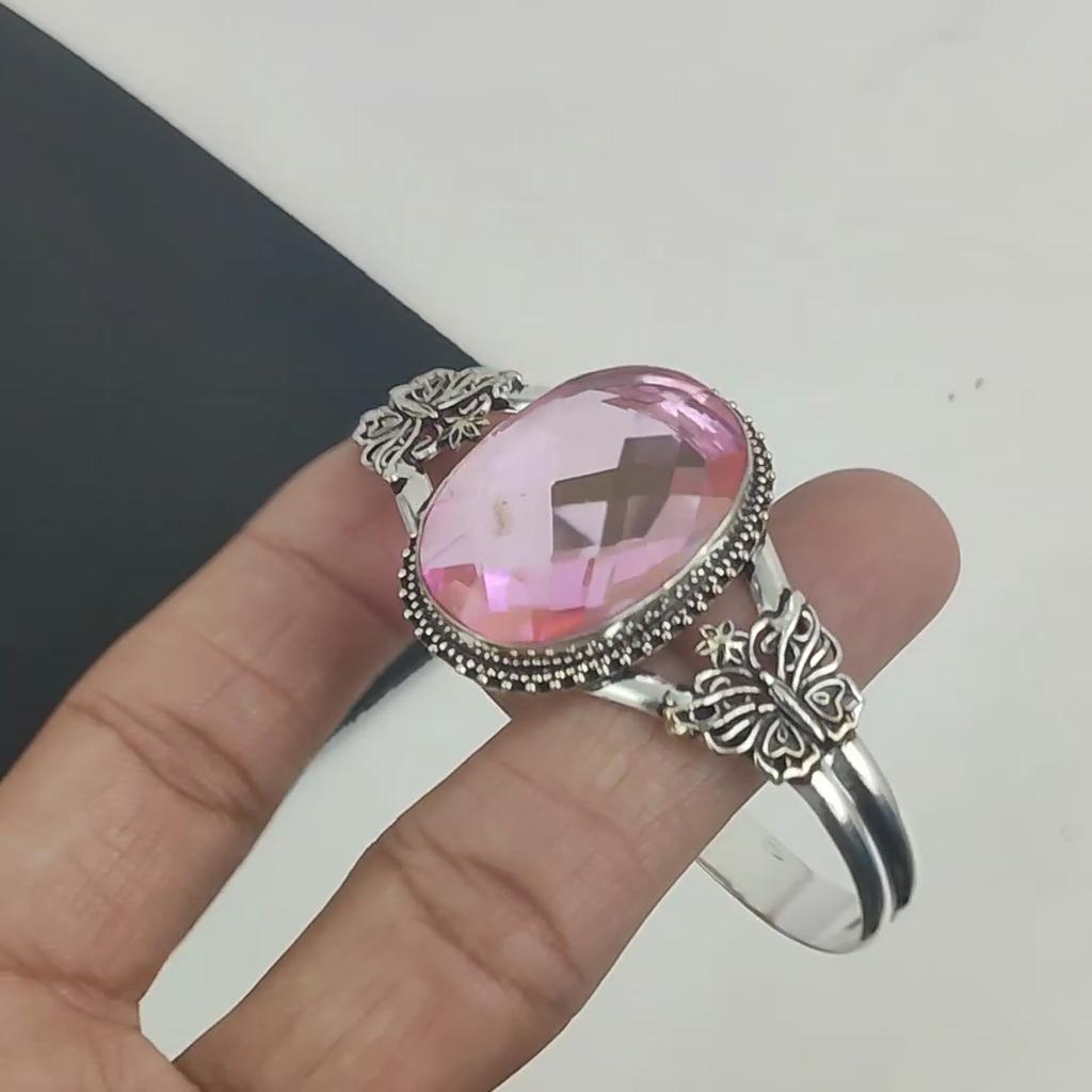 Натуральный розовый кунцит драгоценный камень ручной работы из стерлингового серебра 925 пробы, розовый кунцитовый браслет, для жены, браслет унисекс, подарки на помолвку