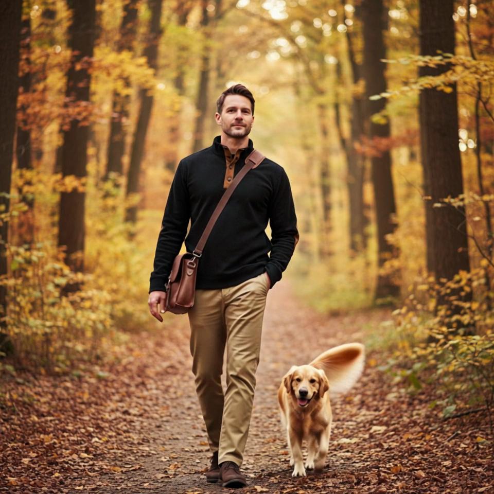 Men's Black Ribbed Sweater with Brown Leather Accents - Autumn Style for Outdoor Wear