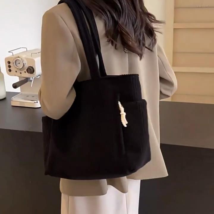 Simple Solid Color Large Capacity Women Corduroy Shoulder Tote Bag For Everyday Wear