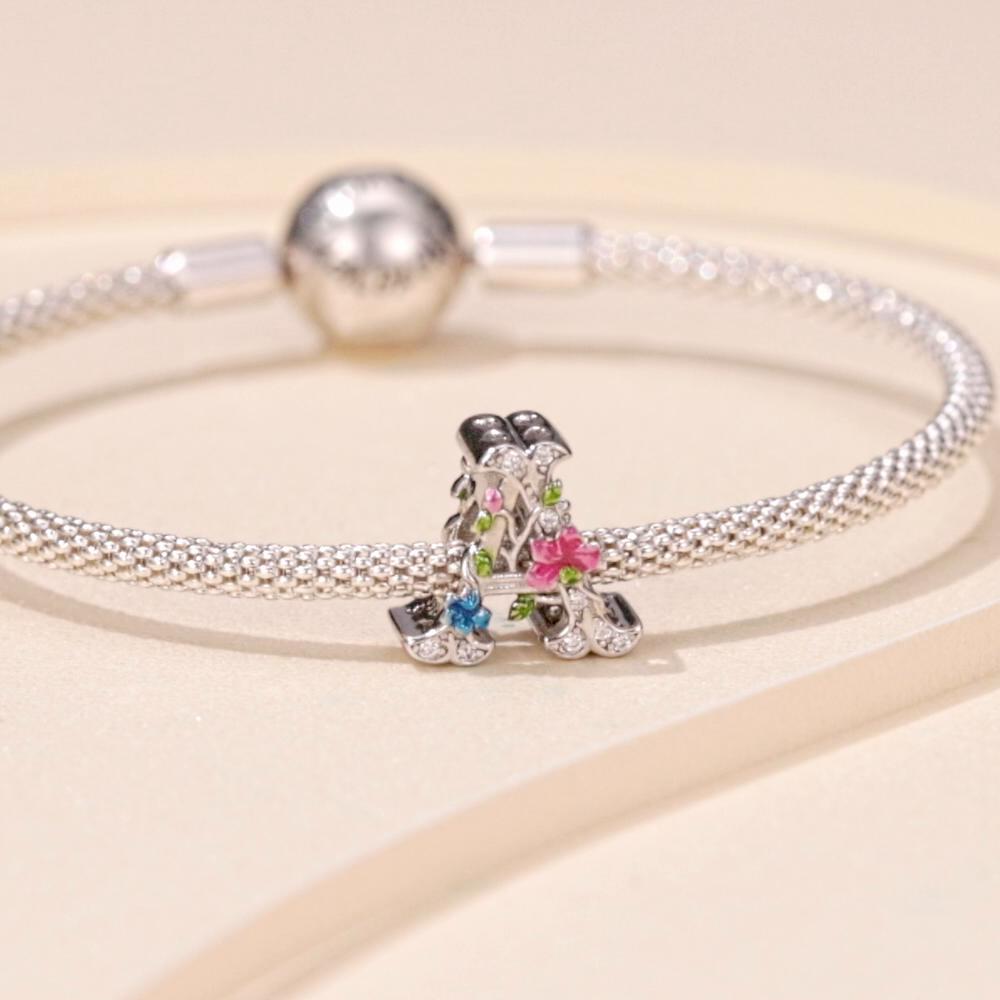 Bamoer 925 Sterling Silver A Letter Hollow Flower Charms Rainbow Beads For Women Jewelry