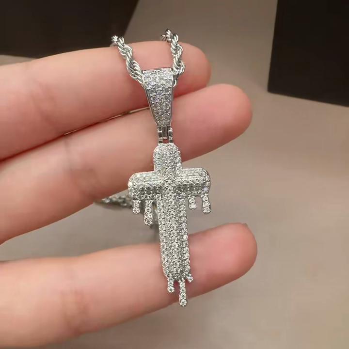 Three Rows Cross Pendant Necklace Iced Out Moissanite Hip Hop Copper Jewelry For Men Women