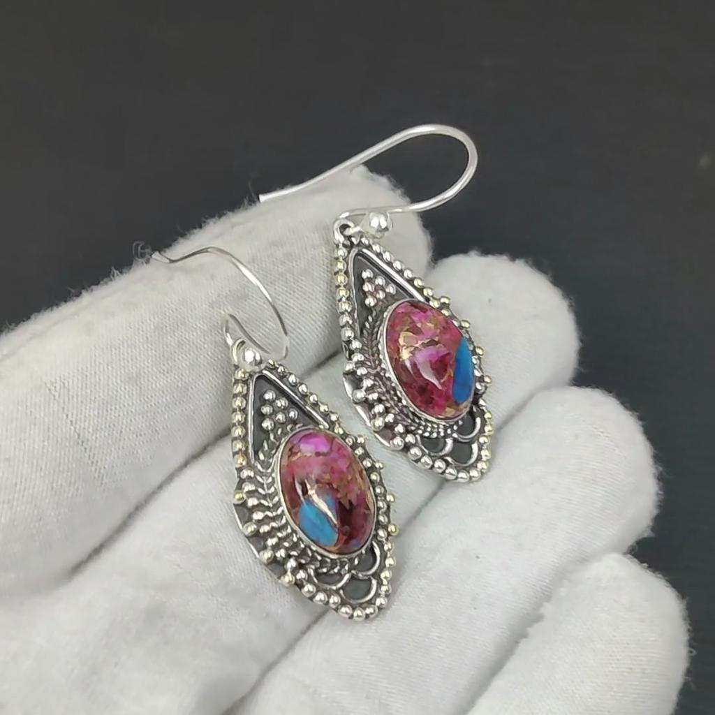 Серьги с натуральными камнями Kingman Spiny Oyster, серьги из стерлингового серебра 925 пробы, серьги-подвески из серебра ручной работы в стиле бохо, пасхальные подарки