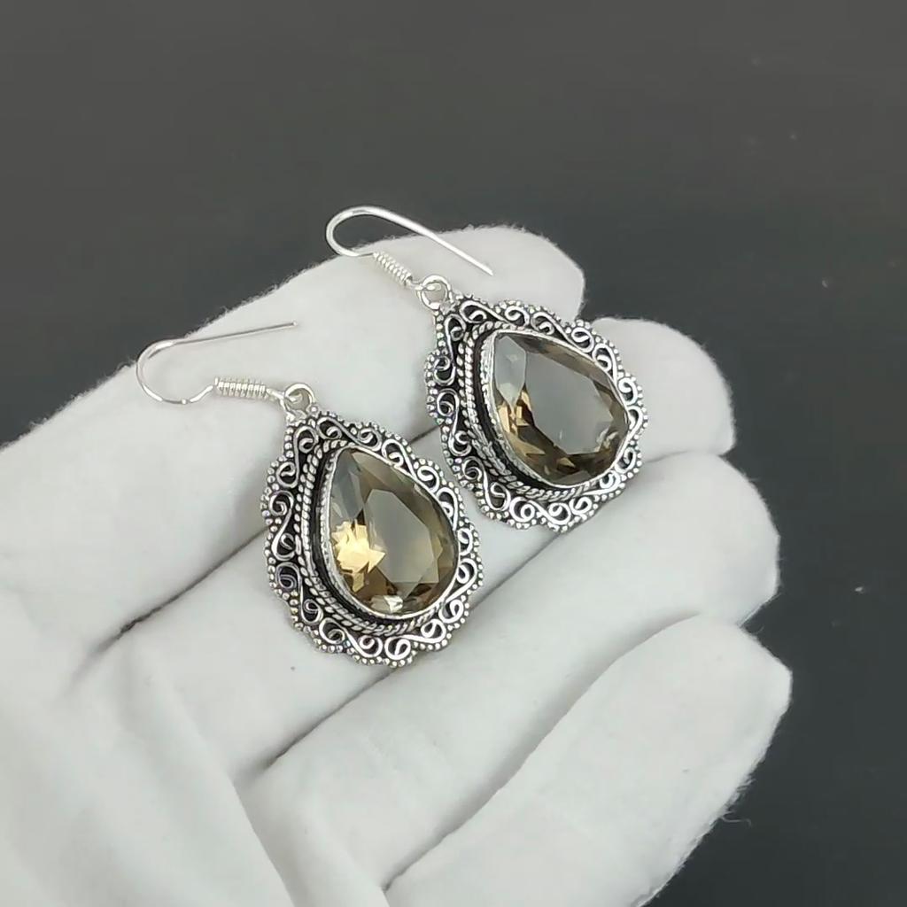 Smoky Topaz Gemstone Earrings, 925 Sterling Silver Earrings, Silver Earrings For Gift, Smoky Topaz Dangle Drop Earrings For Wadding Gifts