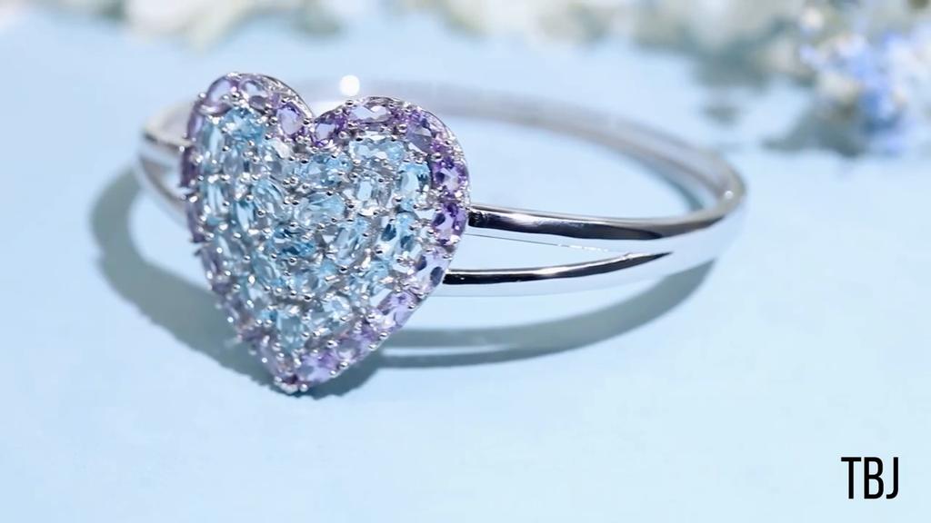 Natural Brazil Amethyst Sky Blue Topaz Bangle Heart-shape Design Natural Gemstone Fine Jewelry for Women 925 Sterling Silver