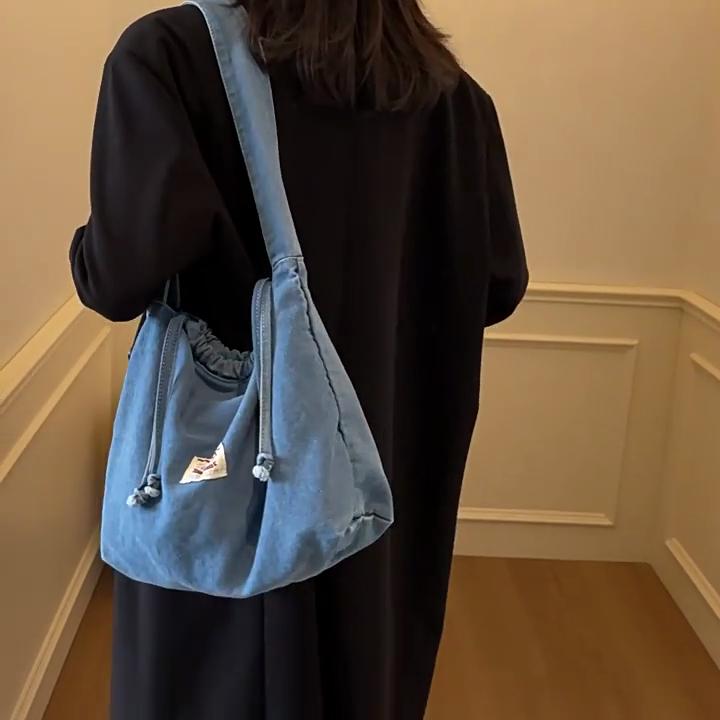Drawstring Casual Denim Shoulder Bag For Women Soft Material Large Capacity Street Style
