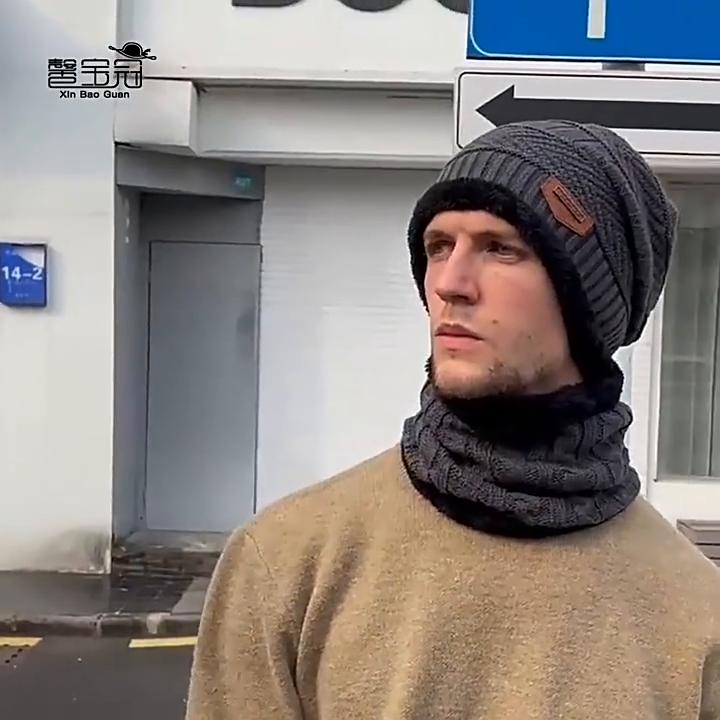Student Winter Hat Men Warm Winter Thicken Hat And Scarf Two-Piece Knit Windproof Cap Knitted Hat Men's Hat and Neck Set