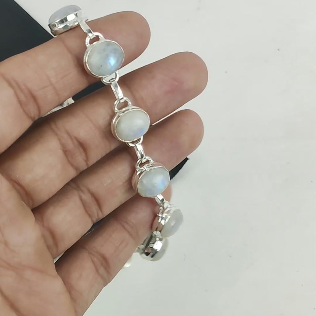 Браслет ручной работы из серебра 925 пробы с радужным лунным камнем, браслет из радужного лунного камня для жены, браслет унисекс на день рождения, подарок жене Flow