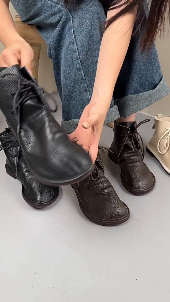 Johnature Женские короткие сапоги из натуральной кожи в стиле ретро, мягкие туфли на шнуровке из воловьей кожи, однотонные ботинки с круглым носком