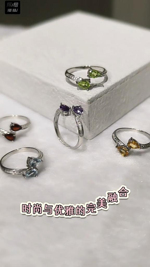 Women's S925 Sterling Silver Droplet Natural Crystal Adjustable Open Ring Garnet Topaz Jewelry
