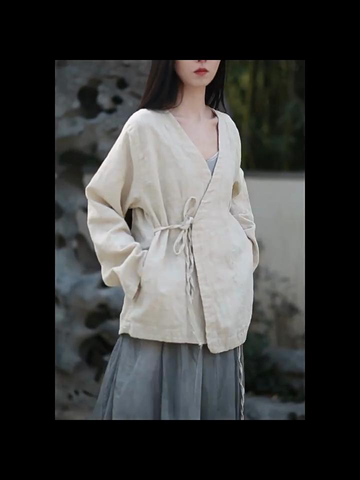 Johnature Women Chinese Style V-Neck Long Sleeve Autumn Solid Color Belt Coats