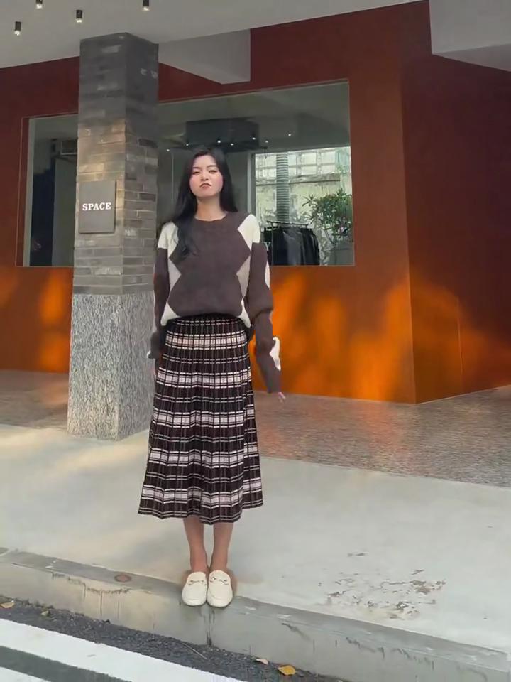 Vintage Fashion Knitting Printing Pleated A-line Skirts Women Classic High Quality Korean All-match Autumn Winter Skirt